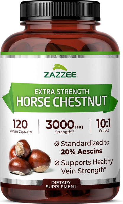 Zazzee Extra Strength Horse Chestnut 10:1 Extract, 20% Aescins, 120 Vegan Capsules, 4 Month Supply, Aesculus Hippocastanum, Healthy Circulation & Blood Flow Support, Non-GMO, Made in the USA - PrimeBioHealth - canada supplements