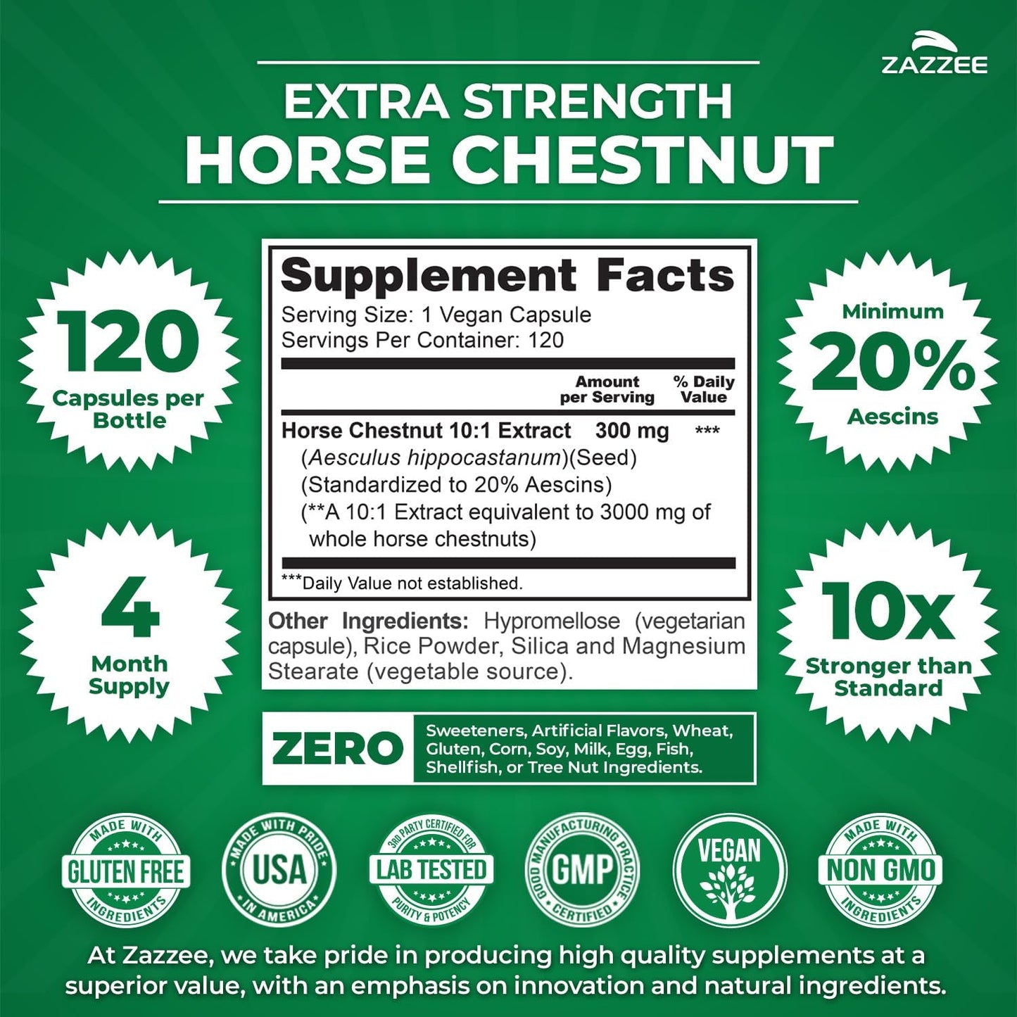 Zazzee Extra Strength Horse Chestnut 10:1 Extract, 20% Aescins, 120 Vegan Capsules, 4 Month Supply, Aesculus Hippocastanum, Healthy Circulation & Blood Flow Support, Non-GMO, Made in the USA - PrimeBioHealth - canada supplements