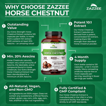 Zazzee Extra Strength Horse Chestnut 10:1 Extract, 20% Aescins, 120 Vegan Capsules, 4 Month Supply, Aesculus Hippocastanum, Healthy Circulation & Blood Flow Support, Non-GMO, Made in the USA - PrimeBioHealth - canada supplements