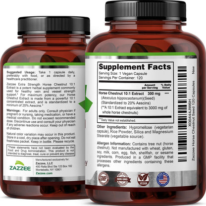 Zazzee Extra Strength Horse Chestnut 10:1 Extract, 20% Aescins, 120 Vegan Capsules, 4 Month Supply, Aesculus Hippocastanum, Healthy Circulation & Blood Flow Support, Non-GMO, Made in the USA - PrimeBioHealth - canada supplements