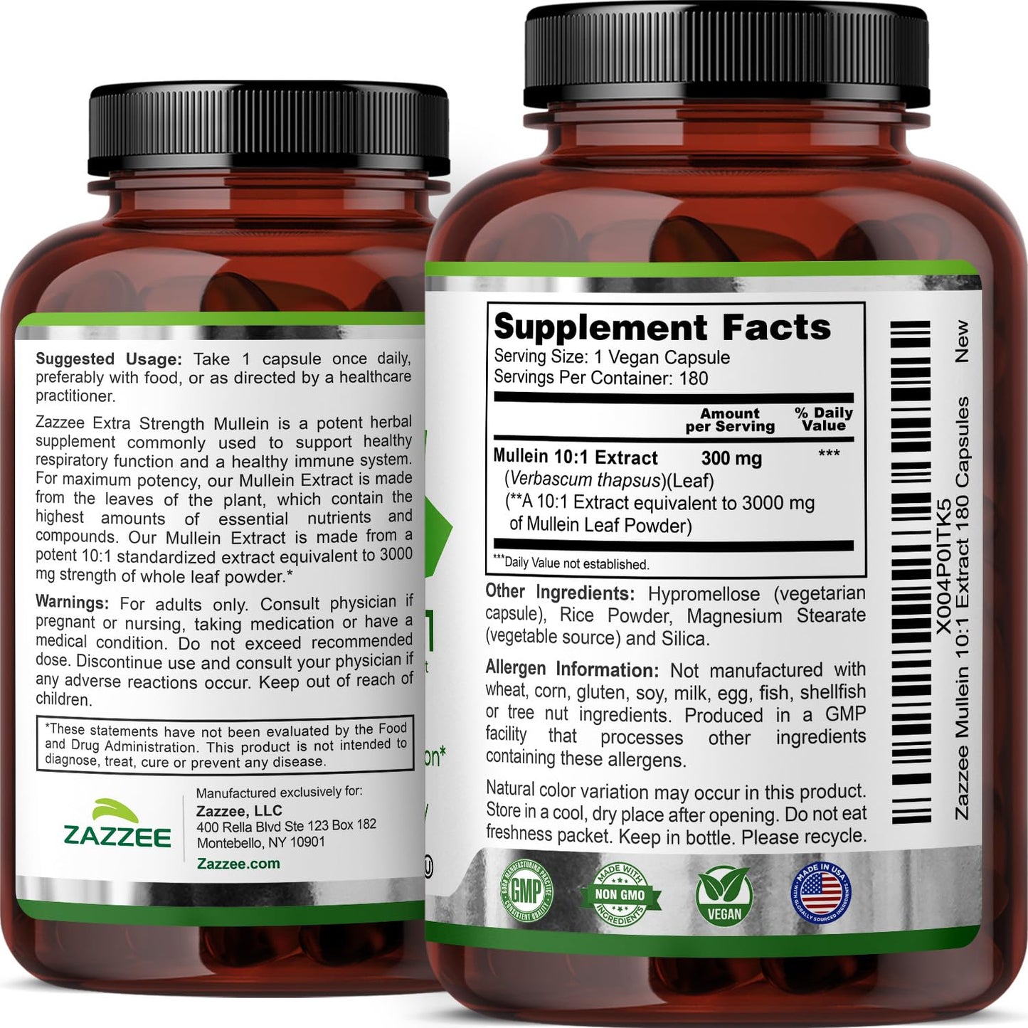 Zazzee Extra Strength Mullein Leaf 10:1 Extract, 120 Vegan Capsules, 4 Month Supply, Verbascum Thapsus, Respiratory & Lung Support, Certified Kosher, 100% Pure Leaf Powder, Non-GMO, Made in the USA - PrimeBioHealth - canada supplements