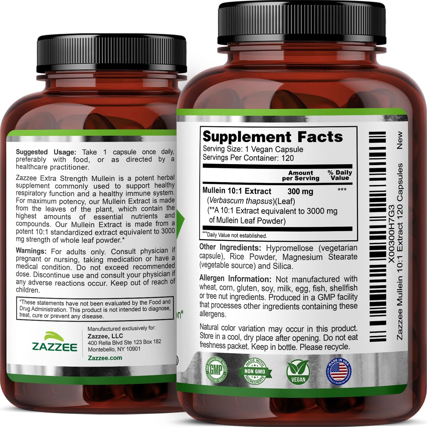 Zazzee Extra Strength Mullein Leaf 10:1 Extract, 120 Vegan Capsules, 4 Month Supply, Verbascum Thapsus, Respiratory & Lung Support, Certified Kosher, 100% Pure Leaf Powder, Non-GMO, Made in the USA - PrimeBioHealth - canada supplements