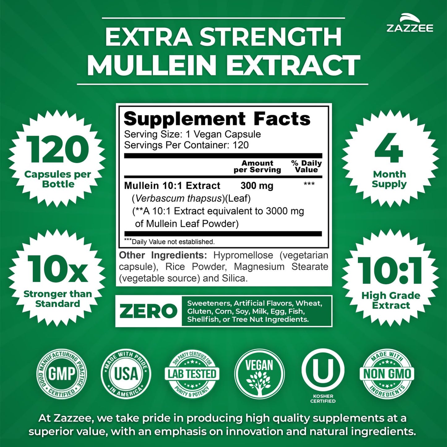 Zazzee Extra Strength Mullein Leaf 10:1 Extract, 120 Vegan Capsules, 4 Month Supply, Verbascum Thapsus, Respiratory & Lung Support, Certified Kosher, 100% Pure Leaf Powder, Non-GMO, Made in the USA - PrimeBioHealth - canada supplements