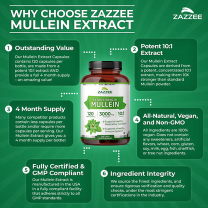 Zazzee Extra Strength Mullein Leaf 10:1 Extract, 120 Vegan Capsules, 4 Month Supply, Verbascum Thapsus, Respiratory & Lung Support, Certified Kosher, 100% Pure Leaf Powder, Non-GMO, Made in the USA - PrimeBioHealth - canada supplements