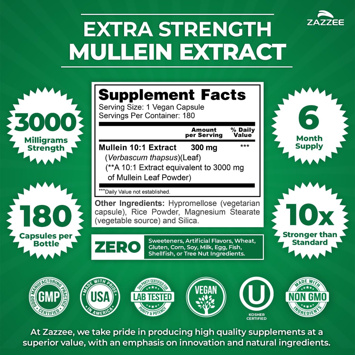 Zazzee Extra Strength Mullein Leaf 10:1 Extract, 120 Vegan Capsules, 4 Month Supply, Verbascum Thapsus, Respiratory & Lung Support, Certified Kosher, 100% Pure Leaf Powder, Non-GMO, Made in the USA - PrimeBioHealth - canada supplements