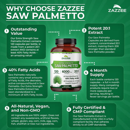 Zazzee Extra Strength Saw Palmetto 20:1 Extract, 40% Fatty Acids, 120 Vegan Capsules, 4 Month Supply, Serenoa Repens, Daily Wellness & Men’s Health Support, Herbal Supplement, Non-GMO, Made in the USA - PrimeBioHealth - canada supplements