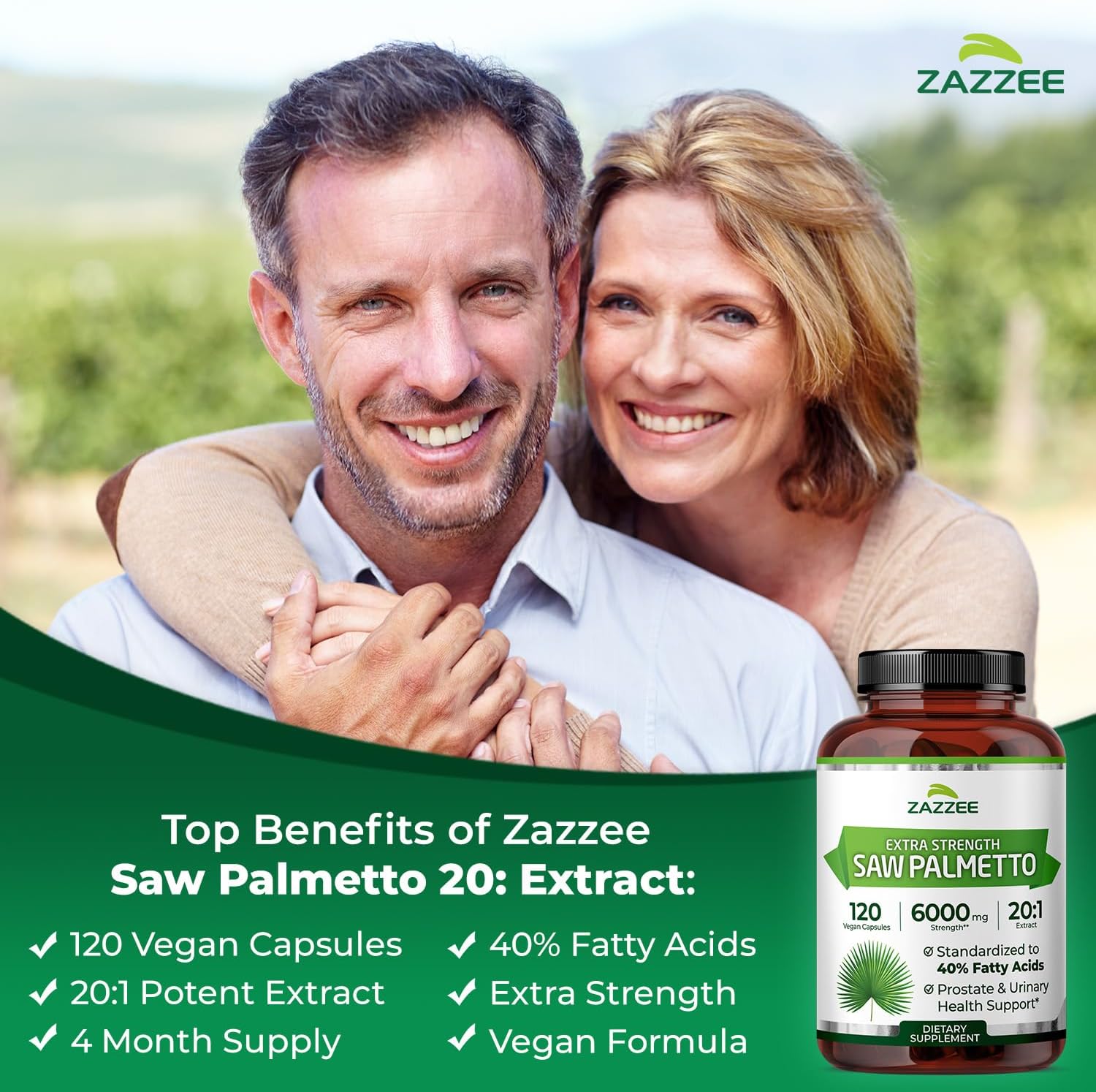 Zazzee Extra Strength Saw Palmetto 20:1 Extract, 40% Fatty Acids, 120 Vegan Capsules, 4 Month Supply, Serenoa Repens, Daily Wellness & Men’s Health Support, Herbal Supplement, Non-GMO, Made in the USA - PrimeBioHealth - canada supplements