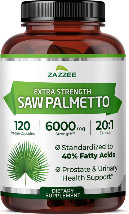 Zazzee Extra Strength Saw Palmetto 20:1 Extract, 40% Fatty Acids, 120 Vegan Capsules, 4 Month Supply, Serenoa Repens, Daily Wellness & Men’s Health Support, Herbal Supplement, Non-GMO, Made in the USA - PrimeBioHealth - canada supplements