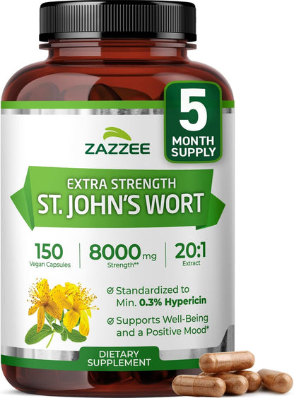Zazzee Extra Strength St. John’s Wort 20:1 Extract, 0.3% Hypericin, 150 Vegan Capsules, 5 Month Supply, Hypericum Perforatum, Mood & Emotional Wellness Support, Herbal Supplement, Non-GMO, Made in USA - PrimeBioHealth - canada supplements