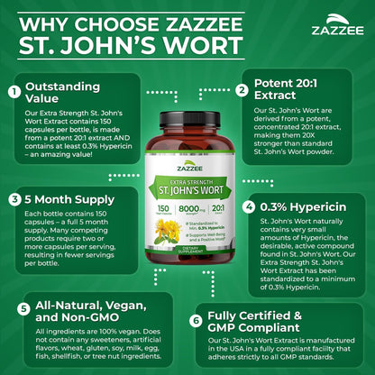 Zazzee Extra Strength St. John’s Wort 20:1 Extract, 0.3% Hypericin, 150 Vegan Capsules, 5 Month Supply, Hypericum Perforatum, Mood & Emotional Wellness Support, Herbal Supplement, Non-GMO, Made in USA - PrimeBioHealth - canada supplements