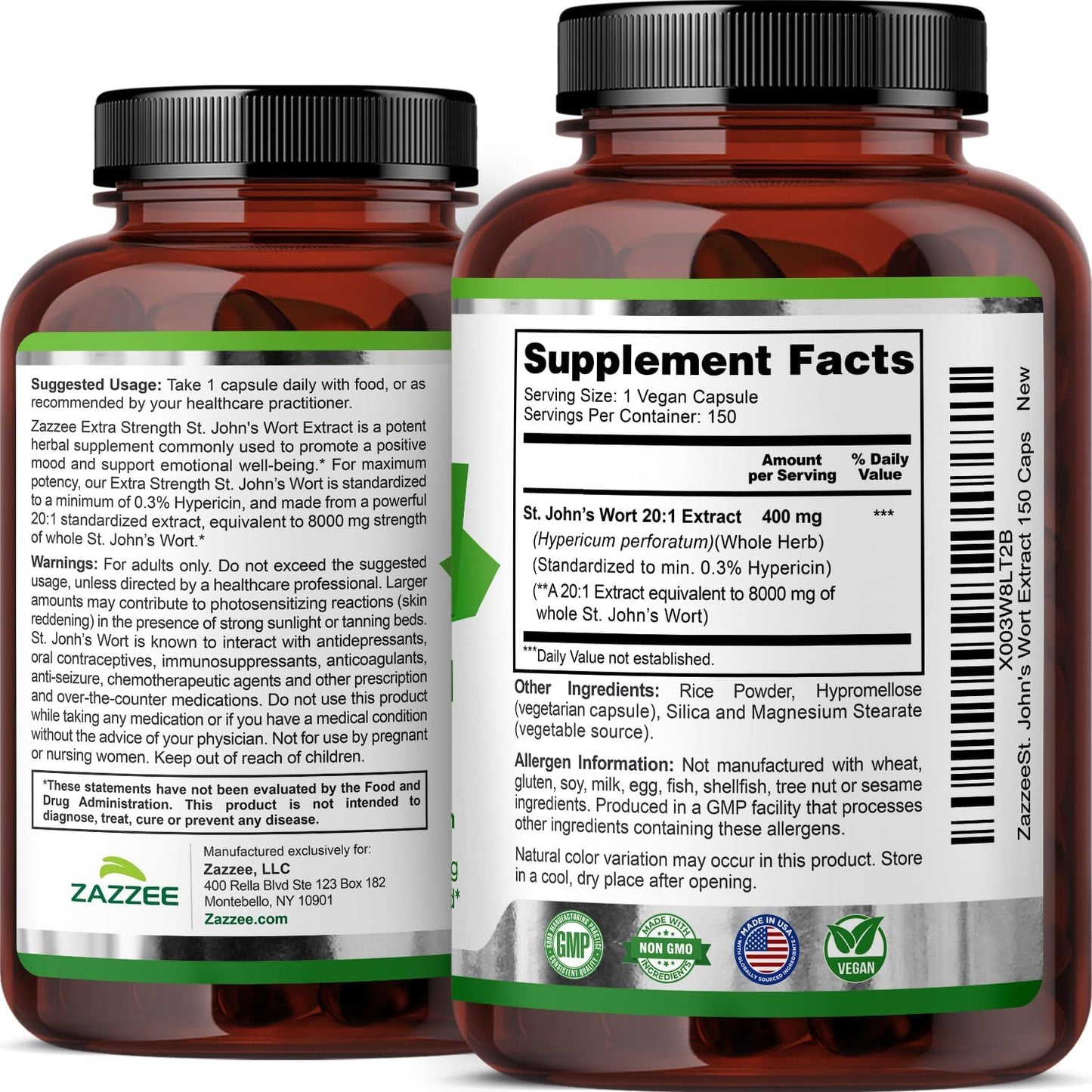 Zazzee Extra Strength St. John’s Wort 20:1 Extract, 0.3% Hypericin, 150 Vegan Capsules, 5 Month Supply, Hypericum Perforatum, Mood & Emotional Wellness Support, Herbal Supplement, Non-GMO, Made in USA - PrimeBioHealth - canada supplements