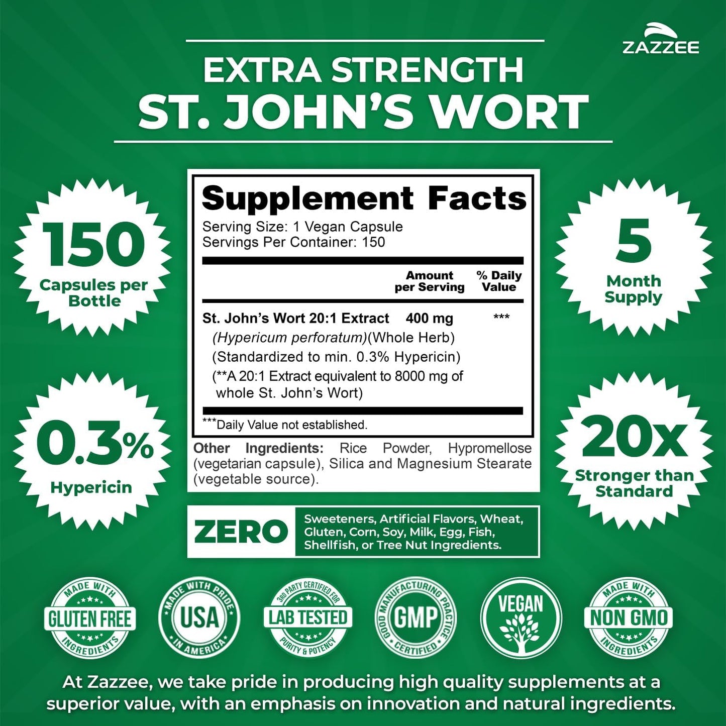 Zazzee Extra Strength St. John’s Wort 20:1 Extract, 0.3% Hypericin, 150 Vegan Capsules, 5 Month Supply, Hypericum Perforatum, Mood & Emotional Wellness Support, Herbal Supplement, Non-GMO, Made in USA - PrimeBioHealth - canada supplements