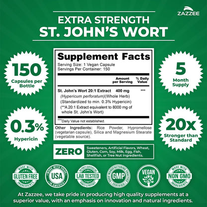 Zazzee Extra Strength St. John’s Wort 20:1 Extract, 0.3% Hypericin, 150 Vegan Capsules, 5 Month Supply, Hypericum Perforatum, Mood & Emotional Wellness Support, Herbal Supplement, Non-GMO, Made in USA - PrimeBioHealth - canada supplements