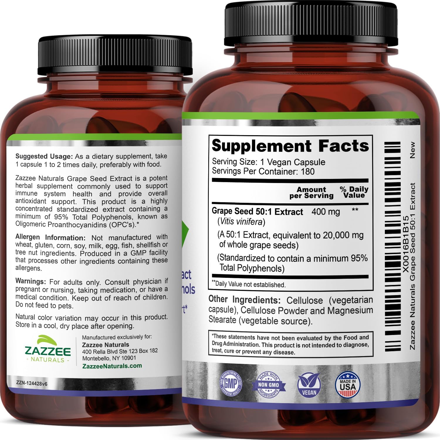 Zazzee High Strength Grape Seed 50:1 Extract, 180 Vegan Capsules, 95% Polyphenols, 400 mg per Capsule, 6 Month Supply, Antioxidant, Circulation & Blood Flow Support, Non-GMO, Made in the USA - PrimeBioHealth - canada supplements