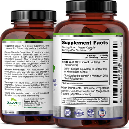 Zazzee High Strength Grape Seed 50:1 Extract, 180 Vegan Capsules, 95% Polyphenols, 400 mg per Capsule, 6 Month Supply, Antioxidant, Circulation & Blood Flow Support, Non-GMO, Made in the USA - PrimeBioHealth - canada supplements