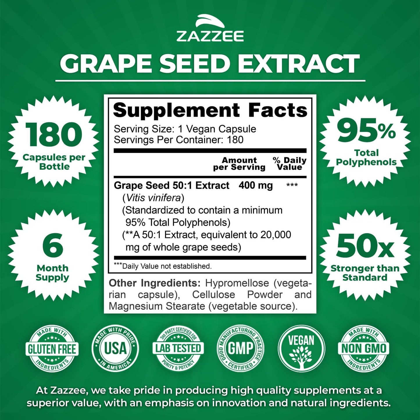 Zazzee High Strength Grape Seed 50:1 Extract, 180 Vegan Capsules, 95% Polyphenols, 400 mg per Capsule, 6 Month Supply, Antioxidant, Circulation & Blood Flow Support, Non-GMO, Made in the USA - PrimeBioHealth - canada supplements