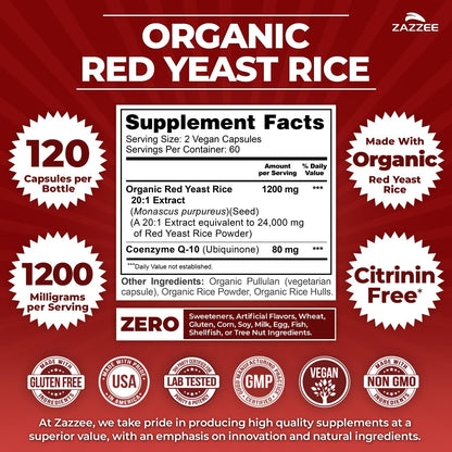 Zazzee Organic Red Yeast Rice 20:1 Extract with CoQ10, Citrinin-Free, 1200 mg per Serving, 80 mg CoQ10, 120 Vegan Capsules, Healthy Heart & Cardiovascular Support, Non-GMO, Made in the USA - PrimeBioHealth - canada supplements