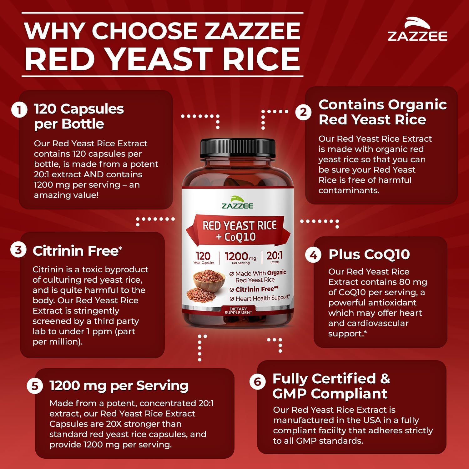 Zazzee Organic Red Yeast Rice 20:1 Extract with CoQ10, Citrinin-Free, 1200 mg per Serving, 80 mg CoQ10, 120 Vegan Capsules, Healthy Heart & Cardiovascular Support, Non-GMO, Made in the USA - PrimeBioHealth - canada supplements