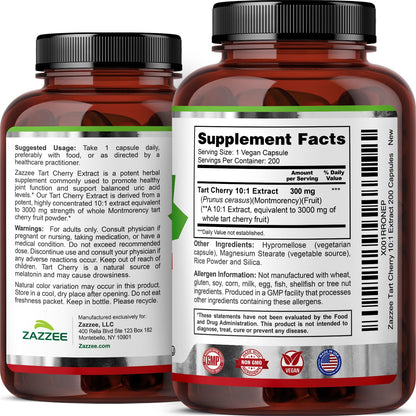 Zazzee Tart Cherry 10:1 Extract, 200 Vegan Capsules, 6+ Month Supply, Montmorency Cherry, Certified Kosher, Joint & Uric Acid Support, Antioxidant Support Formula, Non-GMO, Made in the USA - PrimeBioHealth - canada supplements
