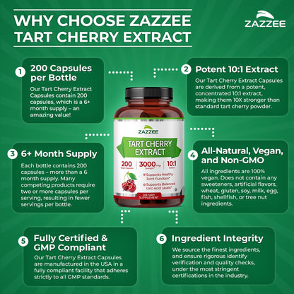 Zazzee Tart Cherry 10:1 Extract, 200 Vegan Capsules, 6+ Month Supply, Montmorency Cherry, Certified Kosher, Joint & Uric Acid Support, Antioxidant Support Formula, Non-GMO, Made in the USA - PrimeBioHealth - canada supplements