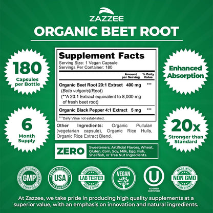 Zazzee USDA Organic Beet Root 20:1 Extract, 120 Vegan Quick Release Capsules, 4 Month Supply, Nitric Oxide Support, Black Pepper Extract for Enhanced Absorption, Certified Kosher, Non-GMO, Made in USA - PrimeBioHealth - canada supplements