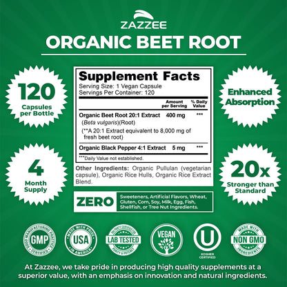 Zazzee USDA Organic Beet Root 20:1 Extract, 120 Vegan Quick Release Capsules, 4 Month Supply, Nitric Oxide Support, Black Pepper Extract for Enhanced Absorption, Certified Kosher, Non-GMO, Made in USA - PrimeBioHealth - canada supplements