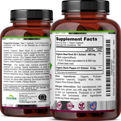 Zazzee USDA Organic Beet Root 20:1 Extract, 120 Vegan Quick Release Capsules, 4 Month Supply, Nitric Oxide Support, Black Pepper Extract for Enhanced Absorption, Certified Kosher, Non-GMO, Made in USA - PrimeBioHealth - canada supplements