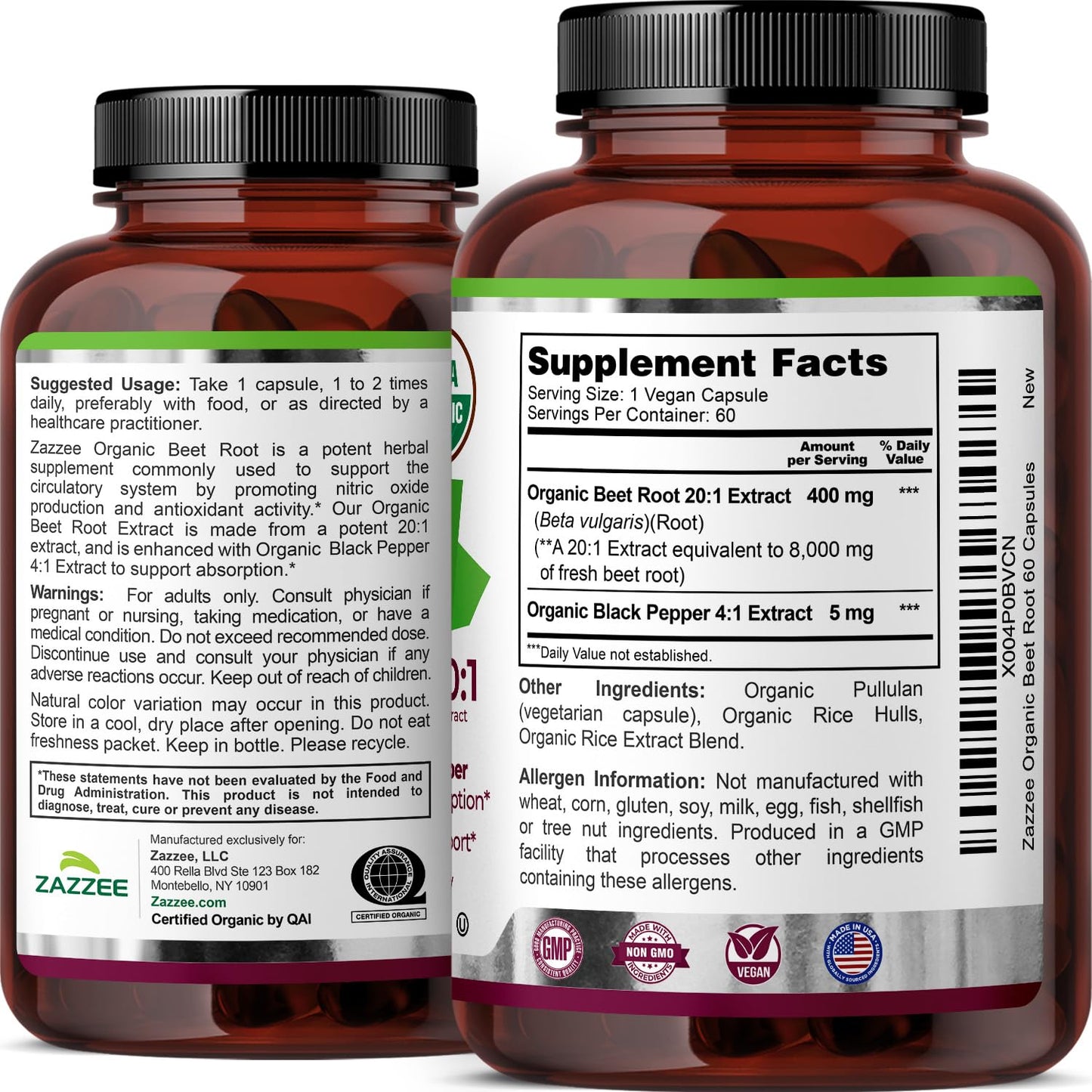 Zazzee USDA Organic Beet Root 20:1 Extract, 120 Vegan Quick Release Capsules, 4 Month Supply, Nitric Oxide Support, Black Pepper Extract for Enhanced Absorption, Certified Kosher, Non-GMO, Made in USA - PrimeBioHealth - canada supplements