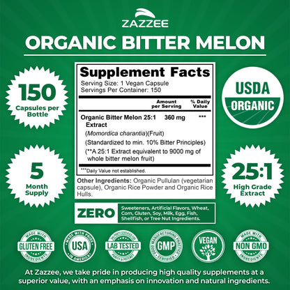 Zazzee USDA Organic Bitter Melon 25:1 Extract, 10% Bitter Principles, 150 Vegan Capsules, 5 Month Supply, Extra Strength, Momordica Charantia, Antioxidant & Metabolic Support, Non-GMO, Made in the USA - PrimeBioHealth - canada supplements