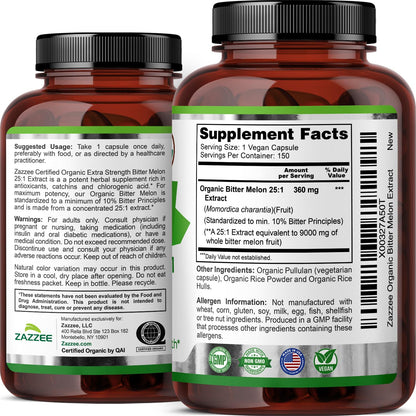 Zazzee USDA Organic Bitter Melon 25:1 Extract, 10% Bitter Principles, 150 Vegan Capsules, 5 Month Supply, Extra Strength, Momordica Charantia, Antioxidant & Metabolic Support, Non-GMO, Made in the USA - PrimeBioHealth - canada supplements