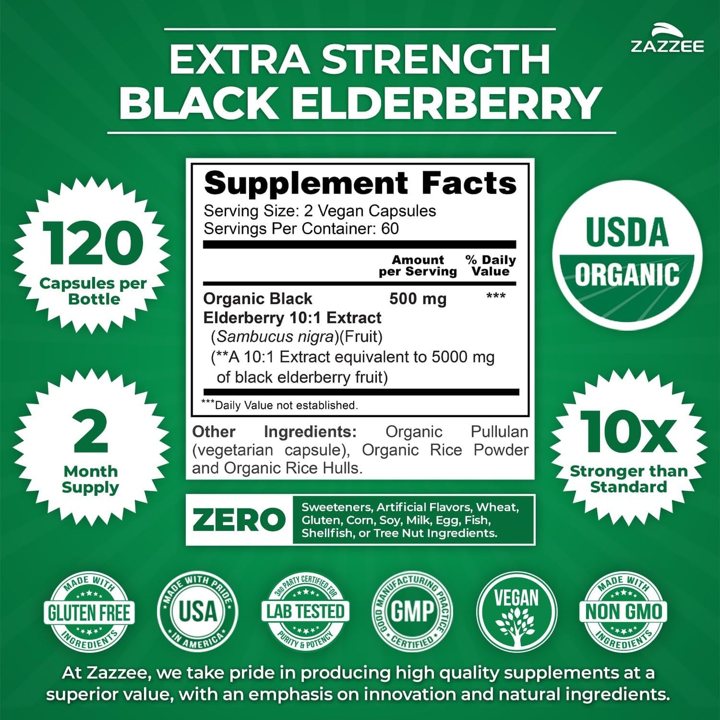 Zazzee USDA Organic Black Elderberry 10:1 Extract, 120 Vegan Capsules, 2 Month Supply, Sambucus Nigra, Antioxidant & Immune Support, Concentrated 10X Extract, All-Natural, Non-GMO, Made in the USA - PrimeBioHealth - canada supplements