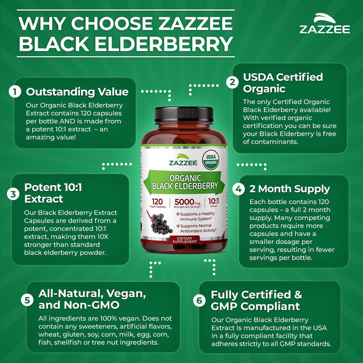 Zazzee USDA Organic Black Elderberry 10:1 Extract, 120 Vegan Capsules, 2 Month Supply, Sambucus Nigra, Antioxidant & Immune Support, Concentrated 10X Extract, All-Natural, Non-GMO, Made in the USA - PrimeBioHealth - canada supplements