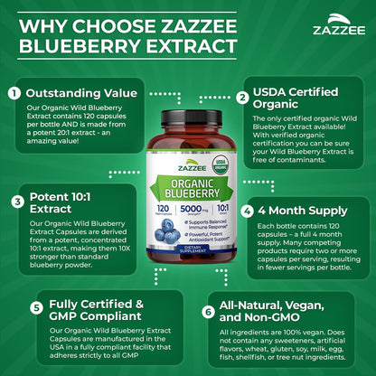 Zazzee USDA Organic Blueberry 10:1 Extract, 120 Vegan Capsules, 4 Month Supply, Whole Fruit, Vaccinium Angustifolium, Antioxidant & Cellular Health Support, Herbal Supplement, Non-GMO, Made in the USA - PrimeBioHealth - canada supplements