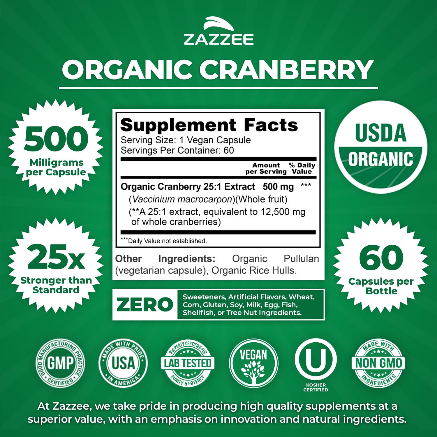 Zazzee USDA Organic Cranberry 25:1 Extract, 500 mg per Capsule, 100 Vegan Capsules, 3+ Month Supply, Certified Kosher, Vaccinium Macrocarpon, Non-GMO, Made in the USA - PrimeBioHealth - canada supplements