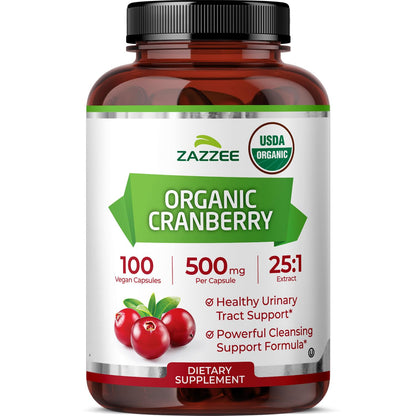 Zazzee USDA Organic Cranberry 25:1 Extract, 500 mg per Capsule, 100 Vegan Capsules, 3+ Month Supply, Certified Kosher, Vaccinium Macrocarpon, Non-GMO, Made in the USA - PrimeBioHealth - canada supplements