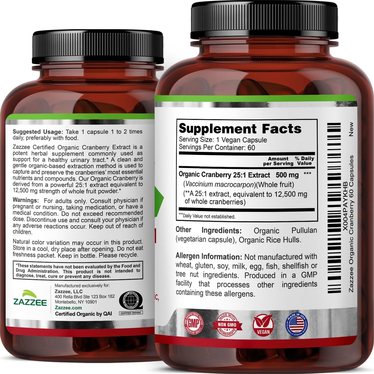 Zazzee USDA Organic Cranberry 25:1 Extract, 500 mg per Capsule, 100 Vegan Capsules, 3+ Month Supply, Certified Kosher, Vaccinium Macrocarpon, Non-GMO, Made in the USA - PrimeBioHealth - canada supplements