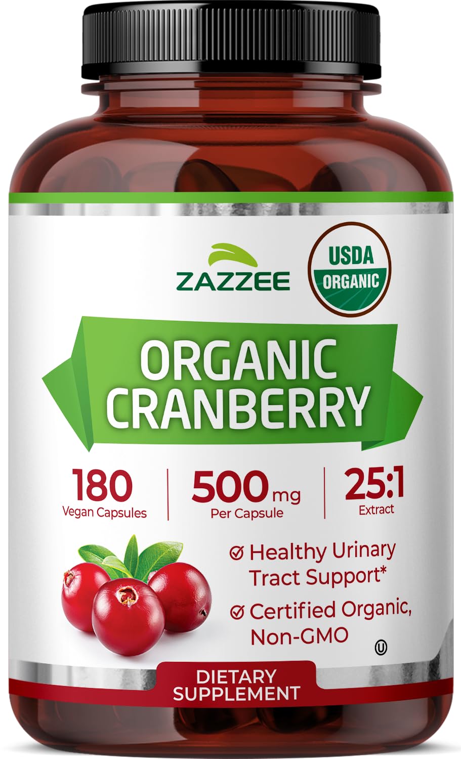 Zazzee USDA Organic Cranberry 25:1 Extract, 500 mg per Capsule, 100 Vegan Capsules, 3+ Month Supply, Certified Kosher, Vaccinium Macrocarpon, Non-GMO, Made in the USA - PrimeBioHealth - canada supplements