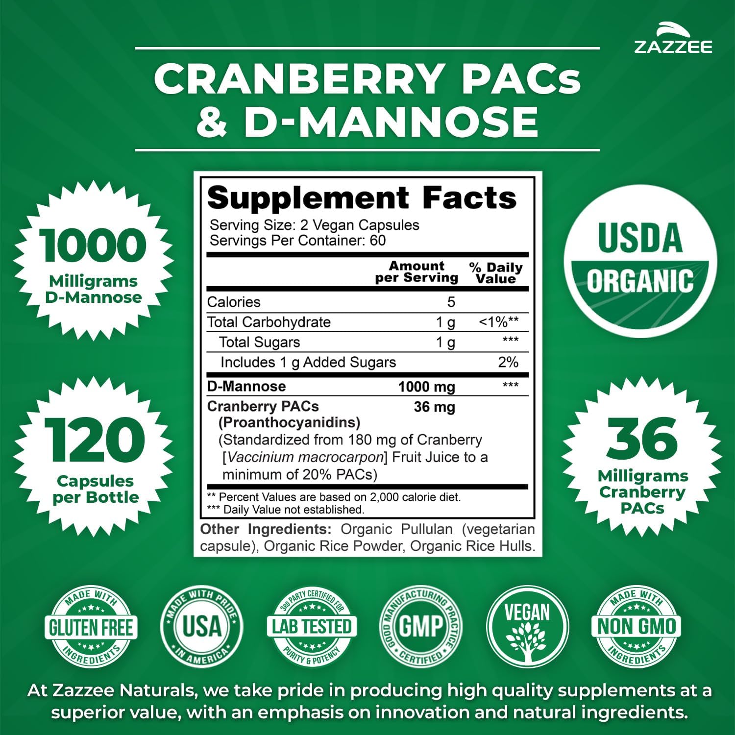 Zazzee USDA Organic Cranberry PACs & D-Mannose, 36 mg PACs per Serving, 1000 mg D-Mannose per Serving, 120 Vegan Capsules, 2 Month Supply, Urinary Tract & Bladder Support, Non-GMO, Made in the USA - PrimeBioHealth - canada supplements