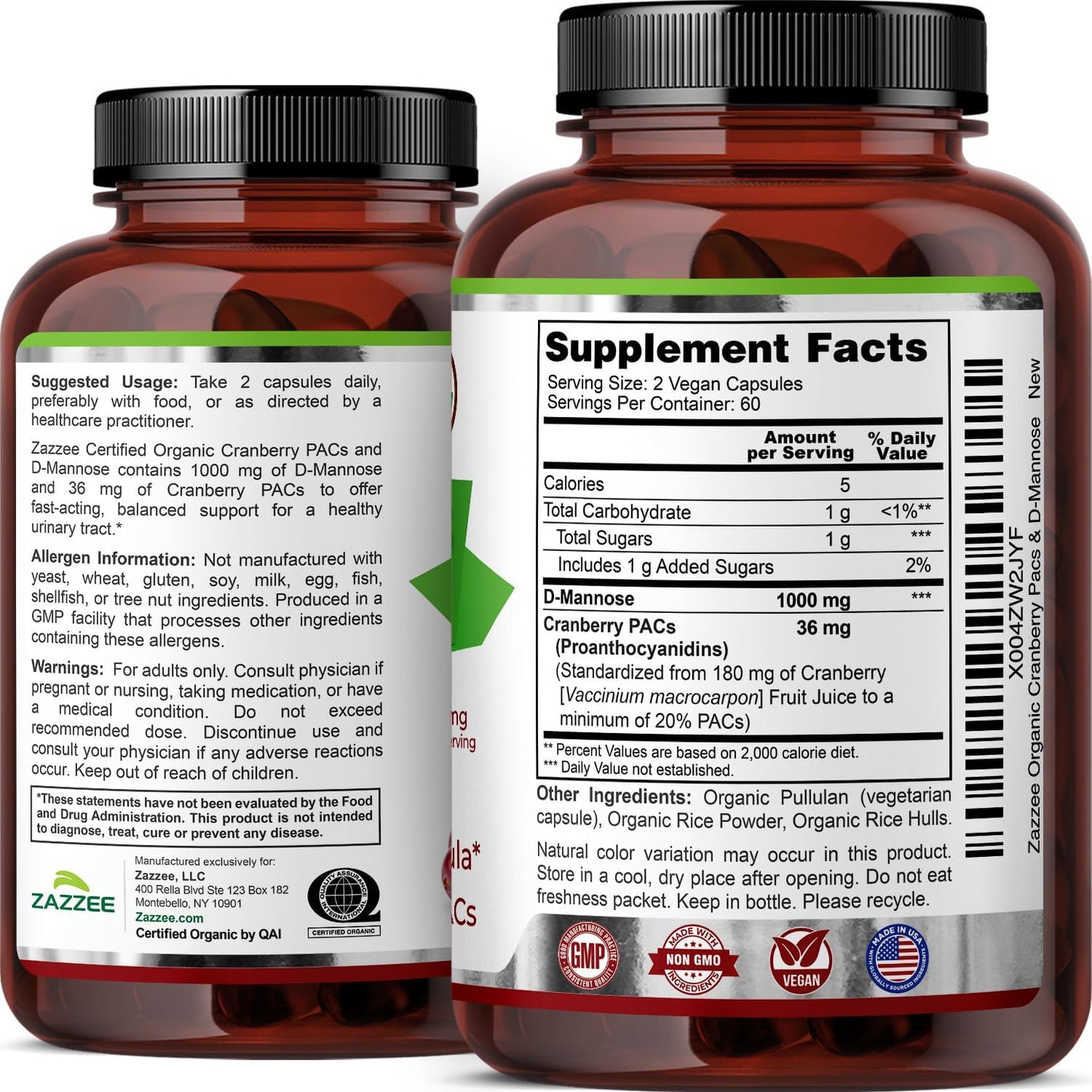 Zazzee USDA Organic Cranberry PACs & D-Mannose, 36 mg PACs per Serving, 1000 mg D-Mannose per Serving, 120 Vegan Capsules, 2 Month Supply, Urinary Tract & Bladder Support, Non-GMO, Made in the USA - PrimeBioHealth - canada supplements
