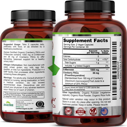 Zazzee USDA Organic Cranberry PACs & D-Mannose, 36 mg PACs per Serving, 1000 mg D-Mannose per Serving, 120 Vegan Capsules, 2 Month Supply, Urinary Tract & Bladder Support, Non-GMO, Made in the USA - PrimeBioHealth - canada supplements