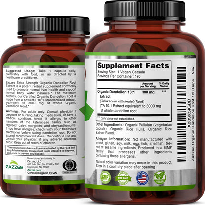 Zazzee USDA Organic Dandelion Root 10:1 Extract, 120 Capsules, 4 Month Supply, Liver & Detox Support, Taraxacum Officinale, Organic Herbal Supplement, All-Natural, Non-GMO, Made in the USA - PrimeBioHealth - canada supplements