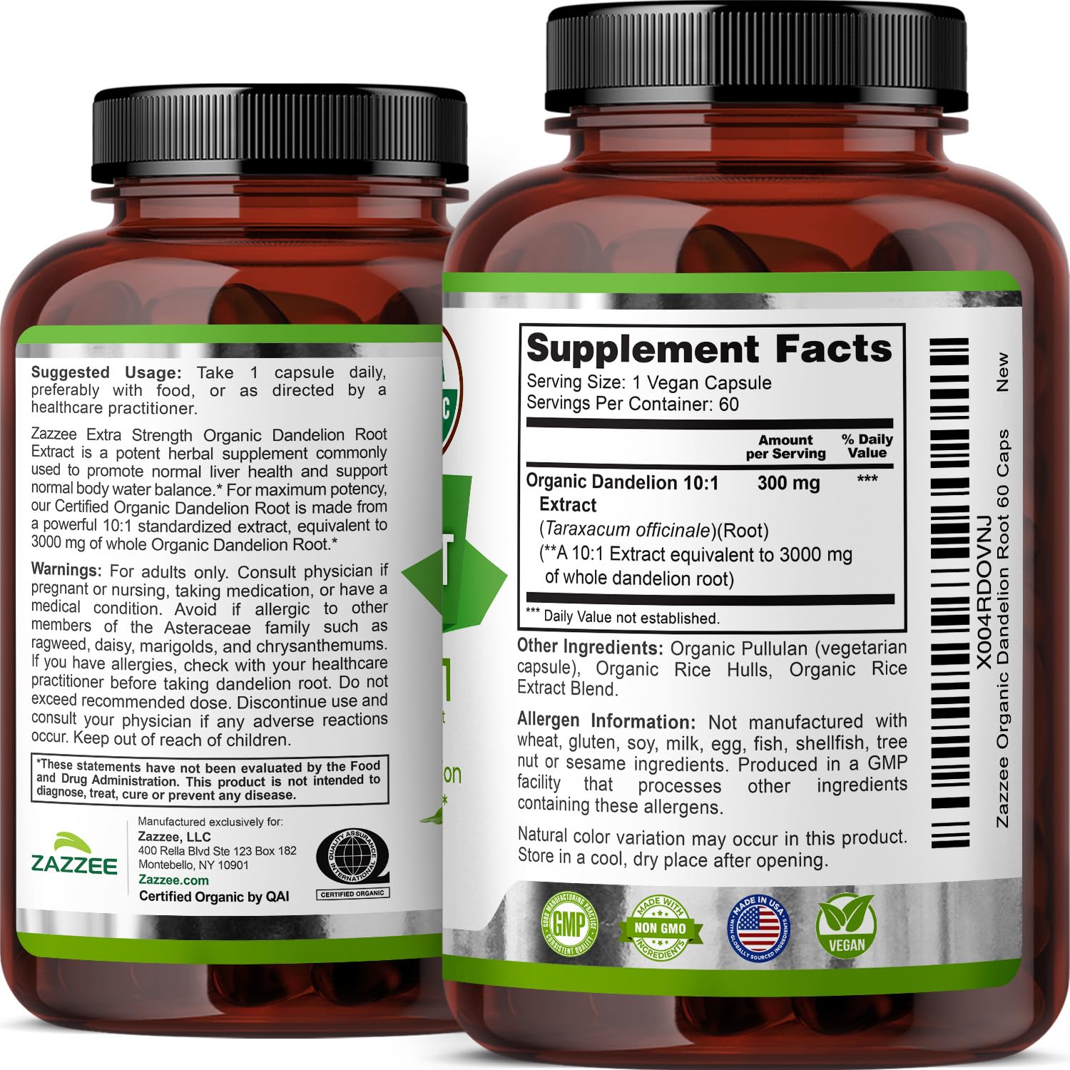 Zazzee USDA Organic Dandelion Root 10:1 Extract, 120 Capsules, 4 Month Supply, Liver & Detox Support, Taraxacum Officinale, Organic Herbal Supplement, All-Natural, Non-GMO, Made in the USA - PrimeBioHealth - canada supplements