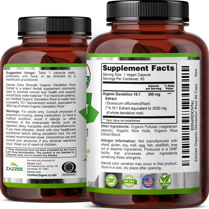 Zazzee USDA Organic Dandelion Root 10:1 Extract, 120 Capsules, 4 Month Supply, Liver & Detox Support, Taraxacum Officinale, Organic Herbal Supplement, All-Natural, Non-GMO, Made in the USA - PrimeBioHealth - canada supplements