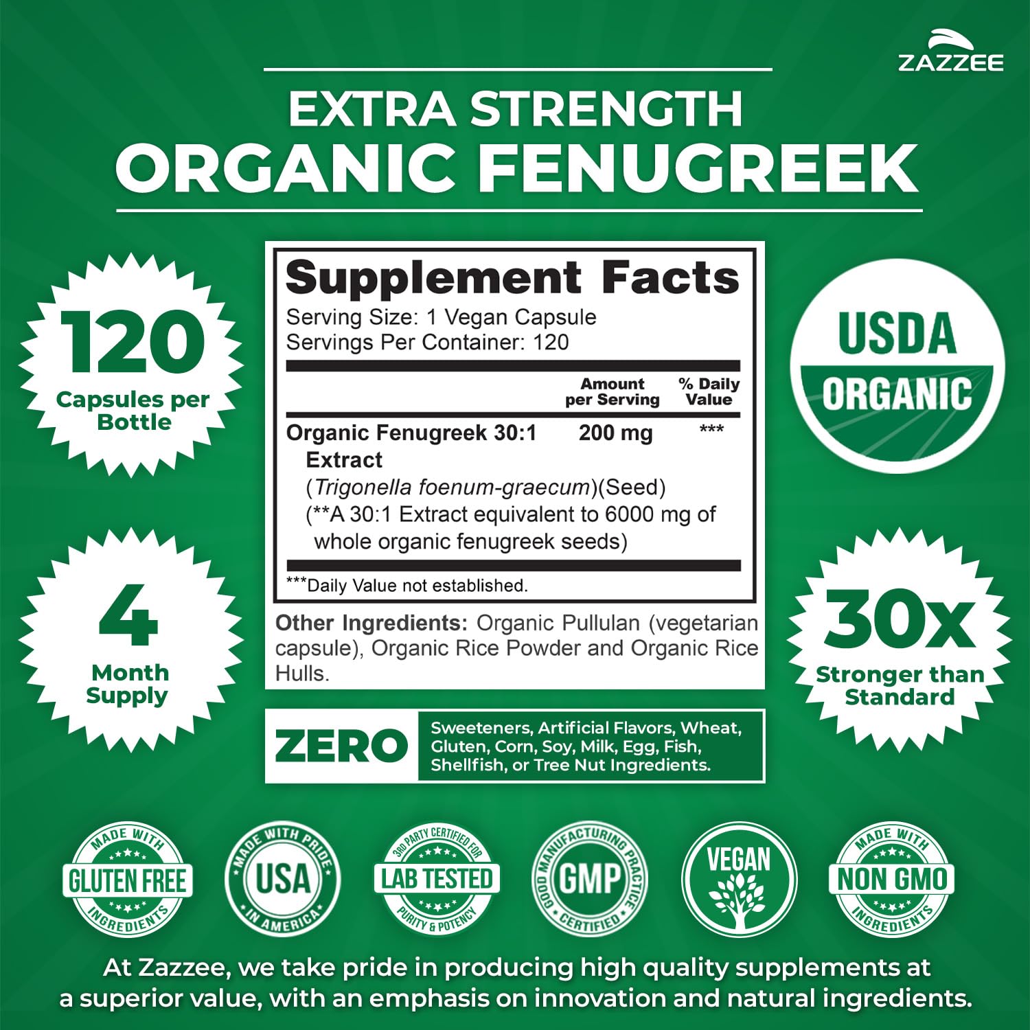 Zazzee USDA Organic Fenugreek 30:1 Extract, 120 Vegan Capsules, 4 Month Supply, Breastfeeding & Lactation Support for Nursing Mothers, Organic Herbal Supplement, All-Natural, Non-GMO, Made in the USA - PrimeBioHealth - canada supplements