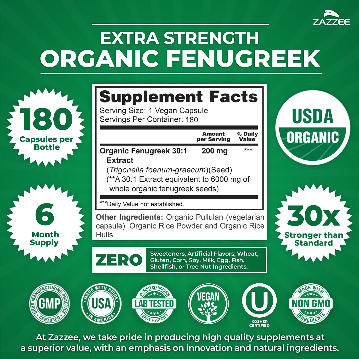 Zazzee USDA Organic Fenugreek 30:1 Extract, 120 Vegan Capsules, 4 Month Supply, Breastfeeding & Lactation Support for Nursing Mothers, Organic Herbal Supplement, All-Natural, Non-GMO, Made in the USA - PrimeBioHealth - canada supplements