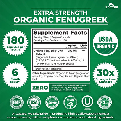 Zazzee USDA Organic Fenugreek 30:1 Extract, 120 Vegan Capsules, 4 Month Supply, Breastfeeding & Lactation Support for Nursing Mothers, Organic Herbal Supplement, All-Natural, Non-GMO, Made in the USA - PrimeBioHealth - canada supplements