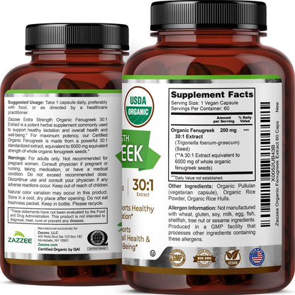Zazzee USDA Organic Fenugreek 30:1 Extract, 120 Vegan Capsules, 4 Month Supply, Breastfeeding & Lactation Support for Nursing Mothers, Organic Herbal Supplement, All-Natural, Non-GMO, Made in the USA - PrimeBioHealth - canada supplements