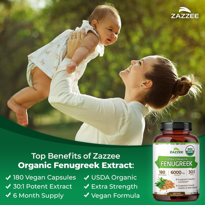 Zazzee USDA Organic Fenugreek 30:1 Extract, 120 Vegan Capsules, 4 Month Supply, Breastfeeding & Lactation Support for Nursing Mothers, Organic Herbal Supplement, All-Natural, Non-GMO, Made in the USA - PrimeBioHealth - canada supplements