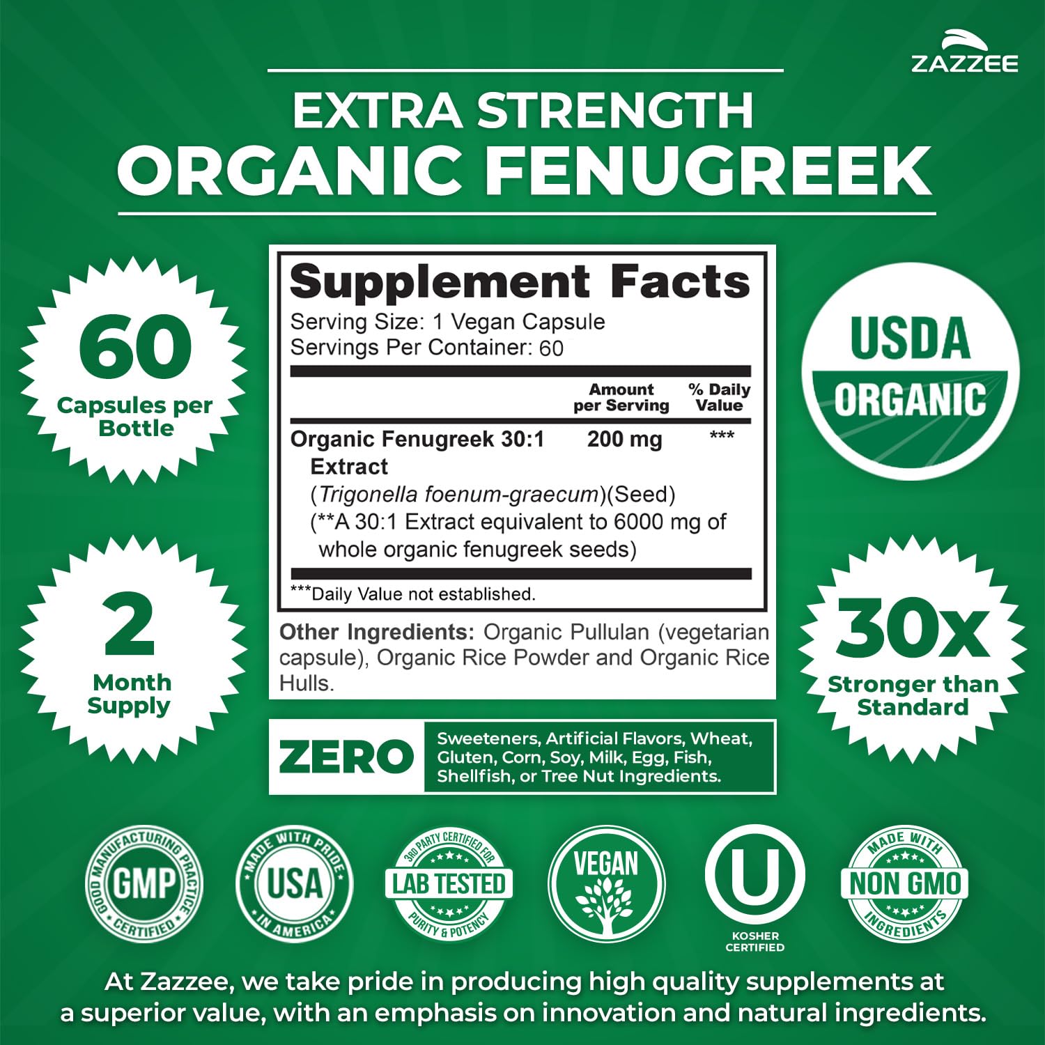 Zazzee USDA Organic Fenugreek 30:1 Extract, 120 Vegan Capsules, 4 Month Supply, Breastfeeding & Lactation Support for Nursing Mothers, Organic Herbal Supplement, All-Natural, Non-GMO, Made in the USA - PrimeBioHealth - canada supplements