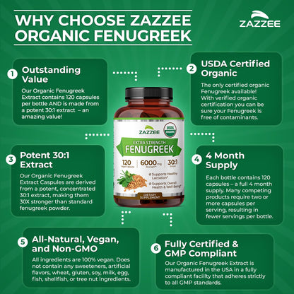 Zazzee USDA Organic Fenugreek 30:1 Extract, 120 Vegan Capsules, 4 Month Supply, Breastfeeding & Lactation Support for Nursing Mothers, Organic Herbal Supplement, All-Natural, Non-GMO, Made in the USA - PrimeBioHealth - canada supplements